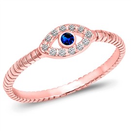 Rose Gold-Tone Blue Simulated Sapphire Evil Eye Ring Sterling Silver Band Size 10