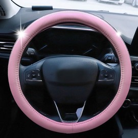 HAOKAY Premium Car Pink Bling Steering Wheel Cover for Women Girls, Cute Leather Diamond Steering Wheel Cover with Crystal Rhinestones, Breathable, Large-Size of 15 1/2 inches
