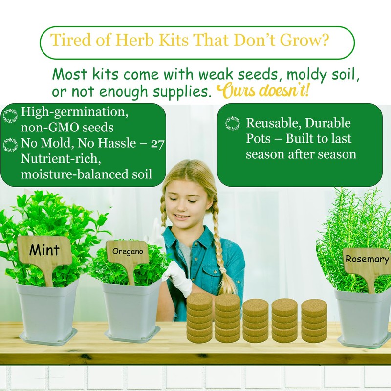 Indoor Herb Garden Kit, 9 Non-GMO Seeds with Reusable Pots,