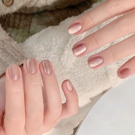 24 Pcs Cat Eyes Press on Nails Short Fake Nails Square False Nails Cat Eyes Gel Nail Polish Glue on Nails Nude Stick on Nails Glossy Full Cover Cute Spring Summer Acrylic Nails for Women