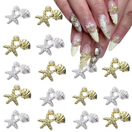 Summer Nail Charms Starfish Nail Art Rhinestones Shell Nail Gems Gold Silver 3D Shiny with Pearl Diamond Design Cute Nails Charms and Gems for Women Decoration Vacation Manicure Supplies