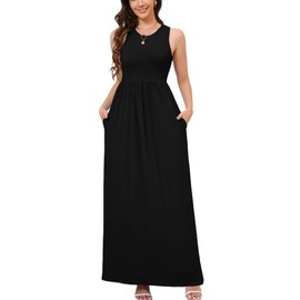 DEARCASE Sleeveless Maxi Dress for Women Black Small Wedding Guest A-line Casual Loose Party Vintage Spring Summer Floor Length Ladies Beach Sundress Plain Vacation Long Flowy Dresses with Pockets