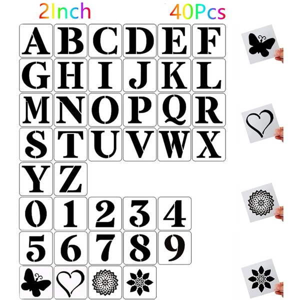 40pcs 2 Inch Letter and Number Templates, Reusable Plastic Large