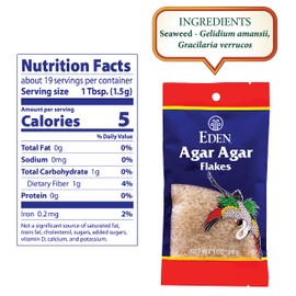 Eden Agar Agar Flakes, A Traditional Odorless, Tasteless Seaweed Gelatin Substitute, Kanten, Japanese, Vegan, 1 oz
