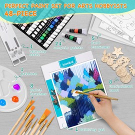 48 Piece Painting kit with 24 Acrylic Paints, 8 DIY Wooden Stencils 5 Canvas Panels 8 Brushes, Table Easel, Etc, Art Supplies Set for Kids Students Artists and Beginner.