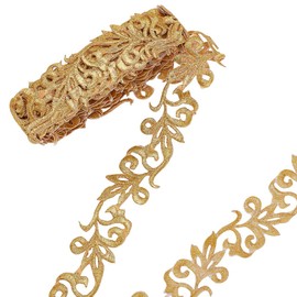 NBEADS About 4.37 Yards(4m) Gold Embroidery Polyester Ribbons, 1.38" Wide Metallic Lace Trim Iron on Metallic Flower Lace for Sewing Costumes Gowns Home Decor Garment Accessories