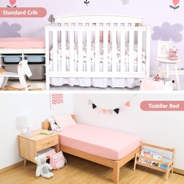 TILLYOU Fitted Crib Sheets - 100% Cotton Fitted Sheets for Standard Crib Mattress, Toddler Bed Mattress Fitted Sheets 2 Pack, Machine Washable, 28”x52”x8”, Pink&Floral Flowers