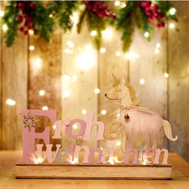 com-four® LED decorative stand made of wood, illuminated lettering on wooden base, decorative lettering to stand up for Christmas, mood light with timer (pink + unicorn)