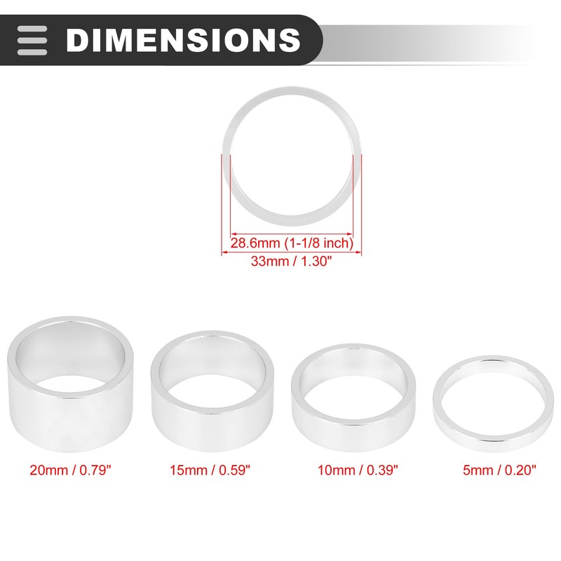 Motoforti Universal Bike Headset Spacers, 5 10 15 20mm, Silver