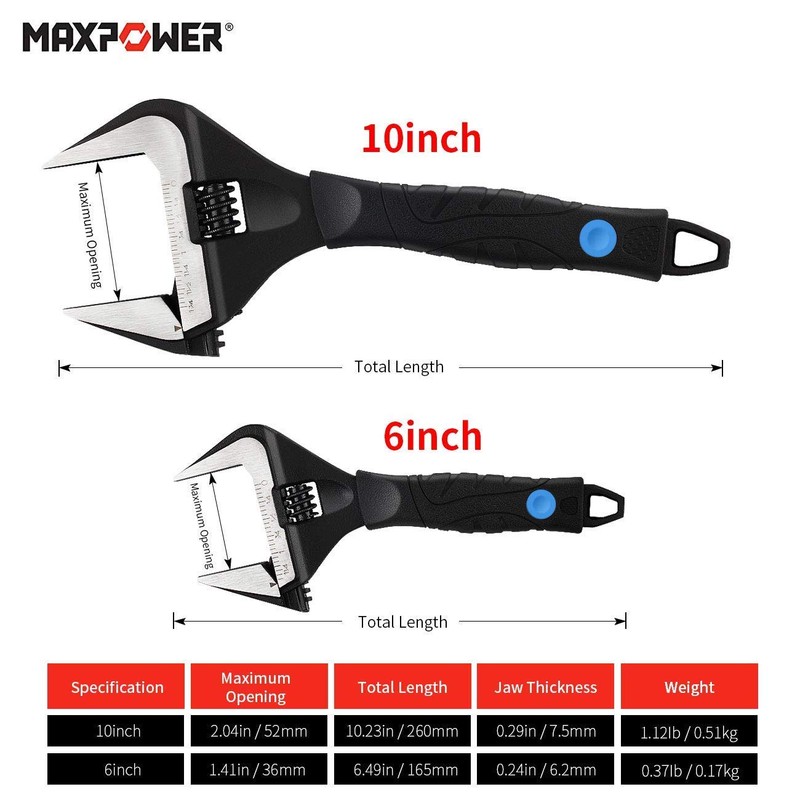 MAXPOWER 10 inch Adjustable Wrench, Wide Jaw Capacity 2 inch