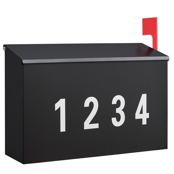 LAND·VOI Wall-Mount Mailbox with One Flag Kit and Three Sets of 0-9 Mailbox Number Stickers, Galvanized Steel Rust-Proof Metal Post Box,Mailboxes for Outside,15.2"x10.4"x5.2" Black