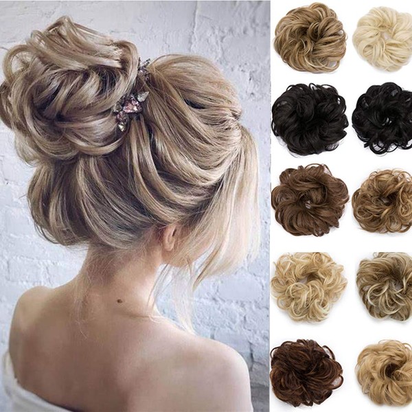 Hair Scrunchie Bun Hair Extensions Updo with Elastic Band Hairpiece Natural Thick #6AH613 Dark Brown & Blonde Bleach