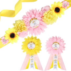 JOYMEMO Pink Yellow Sunflower Elephant Baby Shower Maternity Sash Kit - Elephant Theme Baby Shower Belly Belt and Mom & Dad to Be Corsage Pins, Pregnancy New Parents Photo Props Party Supplies