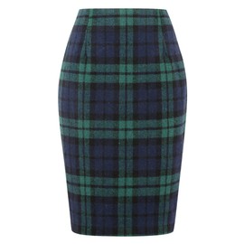 Green Plaid Skirts for Women Fall Winter High Waisted Bodycon Midi Wool Knee Length Skirt with Slit(Green, M)