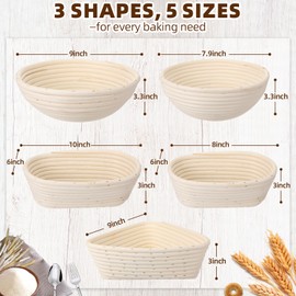 FoldTier 5 Pack Bread Proofing Baskets Set 9, 7.8 Round, 10, 8 Oval and 9 Triangle Rattan Bannetons Sourdough Proofing Basket and Liners Baking Supplies for Home Bakers