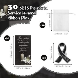 Unittype 30 Set Funeral Ribbon Pins Brooch Memorial Lapel Awareness Pin Prayer Cards Bags for Funeral Favors(Black)