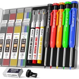 Nicpro 5 Pack Carpenter Pencil with Sharpener, Construction Mechanical Pencils with 48 Refills, Heavy Duty Marking Tool, Deep Hole Marker Pens for Architect Marking(Red, Black, Yellow, Blue, Orange)