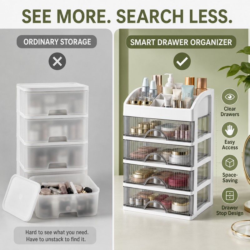 5-Layer Plastic Makeup Organizer with Clear Drawers, White