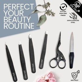JIM PRO 6 Pcs Eyebrows Tweezer Kit - Eyebrow Plucking Set - Nail Care Set - 4 Types Hair Plucking Tweezers, 1 Fancy Cuticle Scissor and 1 Nail File, 100% Stainless Steel - Black Leather Packaging
