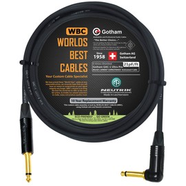 5 Meter - Gotham GAC-1 Ultra Pro - Premium, Low-Capacitance (21 pf/Ft) Guitar Bass Instrument Cable - with Straight to Angled 6.35mm Neutrik Gold Plated TS Connectors