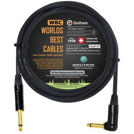 5 Meter - Gotham GAC-1 Ultra Pro - Premium, Low-Capacitance (21 pf/Ft) Guitar Bass Instrument Cable - with Straight to Angled 6.35mm Neutrik Gold Plated TS Connectors