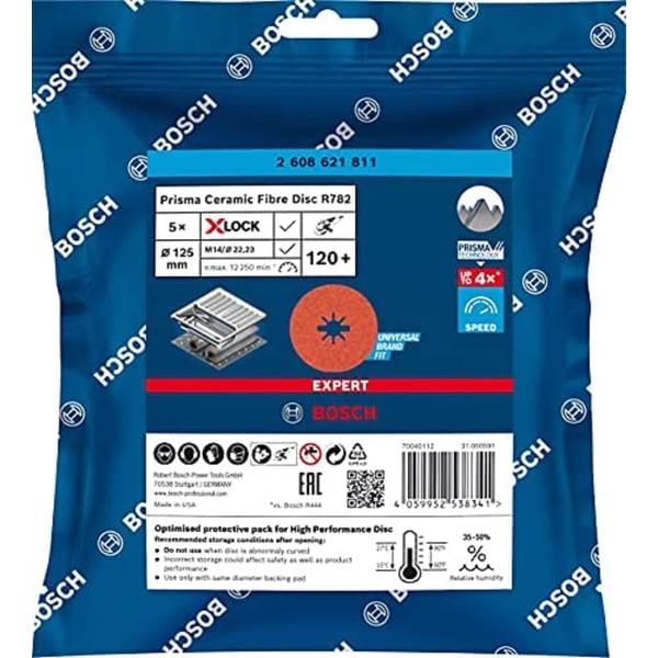 Bosch Professional 5x Expert R782 Prisma Ceramic X-LOCK Fibre Discs (for Steel, Stainless steel sheets, Ø 125 mm, Grit 120, Accessories Small Angle Grinder)