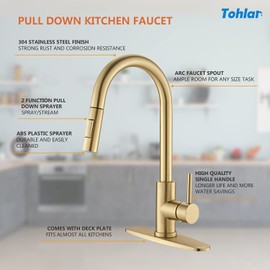 Tohlar Gold Kitchen Faucet with Pull Down Sprayer, Gold Kitchen Sink Faucet for 1 or 3 Hole, Modern Stainless Steel Sink Faucet with Deck Plate for Farmhouse Laundry Rv, Brushed Gold
