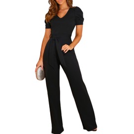 BLENCOT Black Jumpsuit V Neck Summer Short Sleeve Casual Belted Wide Leg Formal Women Rompers Jumpsuits Medium