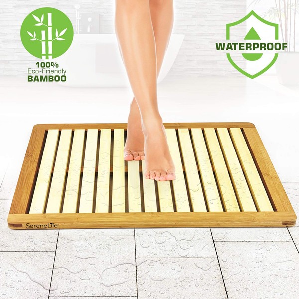 SereneLife Wood Bamboo Bathroom Bath Mat-Heavy Duty Natural or Shower Floor Foot Platform Rug with Elevated Design for Water Evaporation and Non Slip Rubber Feet for Indoor Outdoor Use