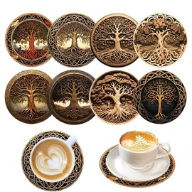 2D Flat Tree of Life Wooden Coasters Set of 8, Simple Style Balsa Wood Place Mats & Cork Coasters, Non-Slip Table Protector, Home Decoration, New Home and Housewarming Gift