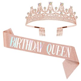 Birthday Tiara and Sash Girls Crown Decoration Sash Birthday Queen Sashes Wedding Bridal Tiara Headband Crystal Rhinestone Princess Tiara Crown with Comb for Birthday Party (Rose Gold), Crystal,