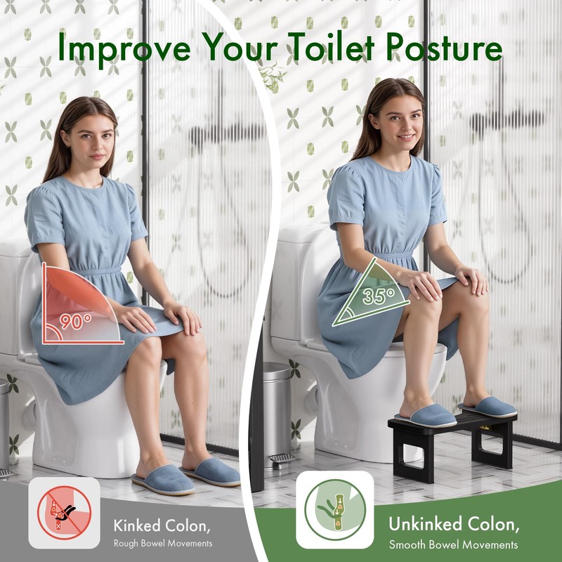 Bathway Squatting Potty Stool, Foldable Black Poop Stool, Bamboo Toilet