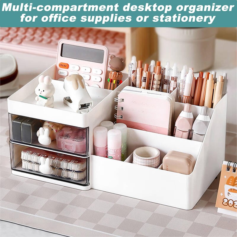White Makeup Organizer with Drawer - Office Desktop Storage Box,
