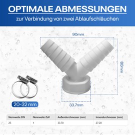 Double connection for washing machine, dishwasher, 1 inch, drain adapter for dishwasher and washing machine, Y-adapter for hose with inlet connection of 19-24 mm and outlet DN 25 pipe