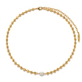 Gold Beaded Necklace for Women, 14K Gold Plated Dainty Ball Chain Freshwater Pearl Pendant Necklace Gold Ball Bead Chain Choker Statement Necklace Jewelry Gifts