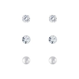 Frieda + Paul Set of 3 3 Pairs Basic Crystal Pearl Solitaire Ladies Women Girls Stud Earrings 925 Sterling Silver Tarnish Resistant Jewellery Box, Sterling Silver, Zirconia crystal pearl