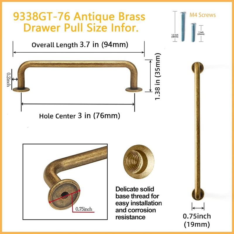 Goo-Ki 6 Pack Antique Brass Cabinet Pulls Drawer Handles, 3"
