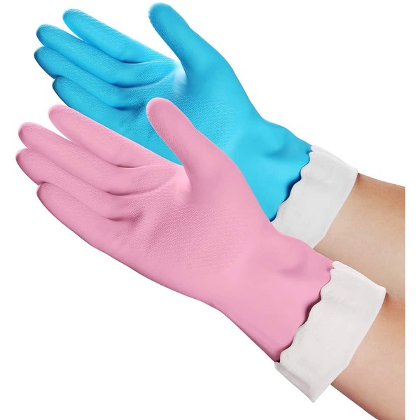 Household Cleaning Gloves - Reusable Kitchen Dishwashing Gloves with Latex Free, Cotton lining, Waterproof, Non-Slip (Medium, 2 Colors)
