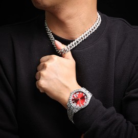 Halukakah Men's Diamond Gold Watch ● President ● 18K Real Gold Plated/Platinum White Gold-Plated 42 mm Wide Green/Blue/Red Bracelet with Lab Diamonds 24 cm, Cuban Link Chain 20 + 45 cm, Includes Gift