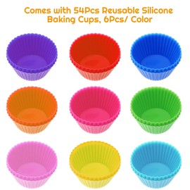 54 Pack Silicone Muffin Cups, Selizo Silicone Cupcake Baking Cups Reusable Muffin Liners Cupcake Wrapper Cups Holders for Muffins, Cupcakes, and Candies