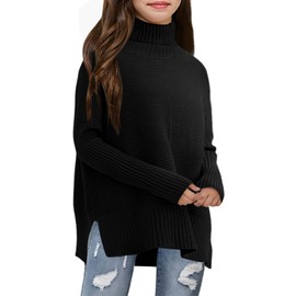 Haloumoning Kids Girls Turtleneck Tunic Sweaters Dress Oversized Long Sleeve Knit Chunky Pullover Jumper with Slit 5-14T Black