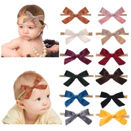 Esumun Baby Girl Velvet Bow Nylon Headband, Tiny Bow Hair Bands, Velour Head Wrap 12pcs for Newborn Infant Toddlers