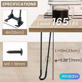 AMGSH Folding Hairpin Table Legs 12.6" / 320 mm, 4PCS DIY Furniture Legs, Heavy Duty Foldable Metal for Coffee End Bench Side Laptop Mini Desk With 24 Screws, Black