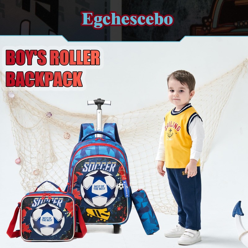 Kids Rolling Football Backpack for Boys Trolley Suitcases Luggage Travel