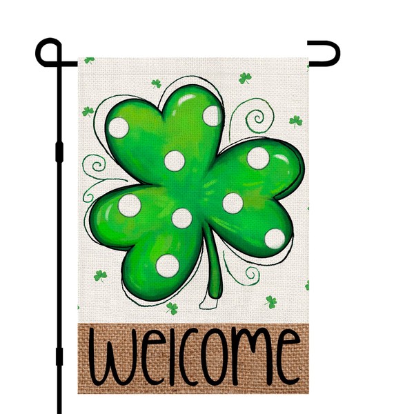 Lucky Clover Garden Flag Burlap 12x18 Double Sided, St Patricks