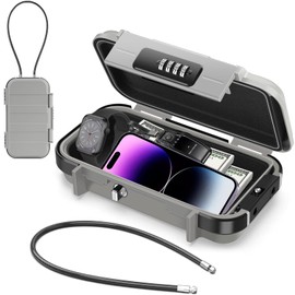 Small Safe Portable 4 Digit Code Safe Security Box with 6 mm Thick Removable Wire Rope, Waterproof, Secures Valuables when Travel, on the Beach, Camping, in the Office, Cars - Grey