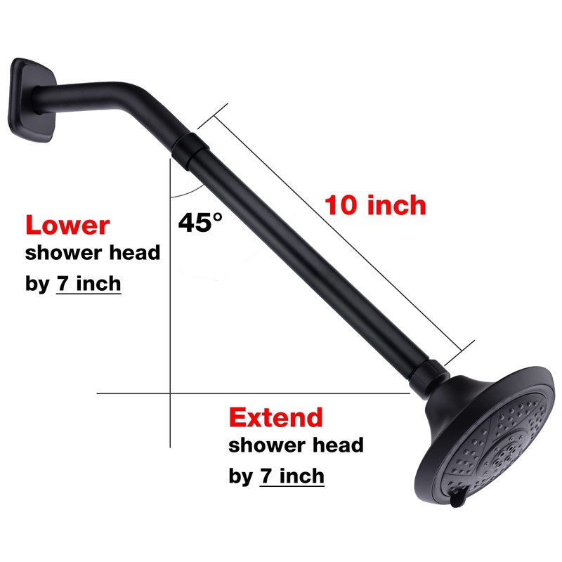 Black Shower Arm Extension 10 Inch High Flow Rainfall Shower