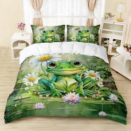 AILONEN Cartoon Frog Duvet Cover Set Queen Size, Green Frog with Daisy Bedding Set for Kids Boys Girls,Tropical Amphibian Comforter Cover,Nature Bedding Set,3 PCS,1 Quilt Cover and 2 Pillowcases