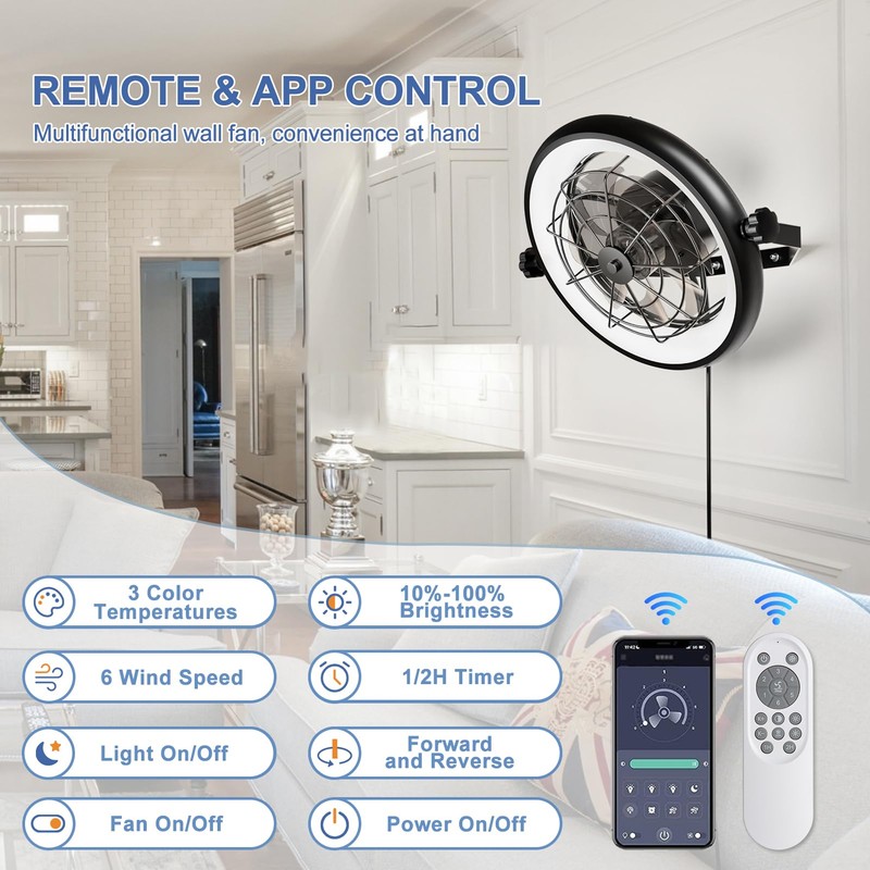 Wall Mount Fan with Remote/App Control, 16" Quiet Wall Mounted