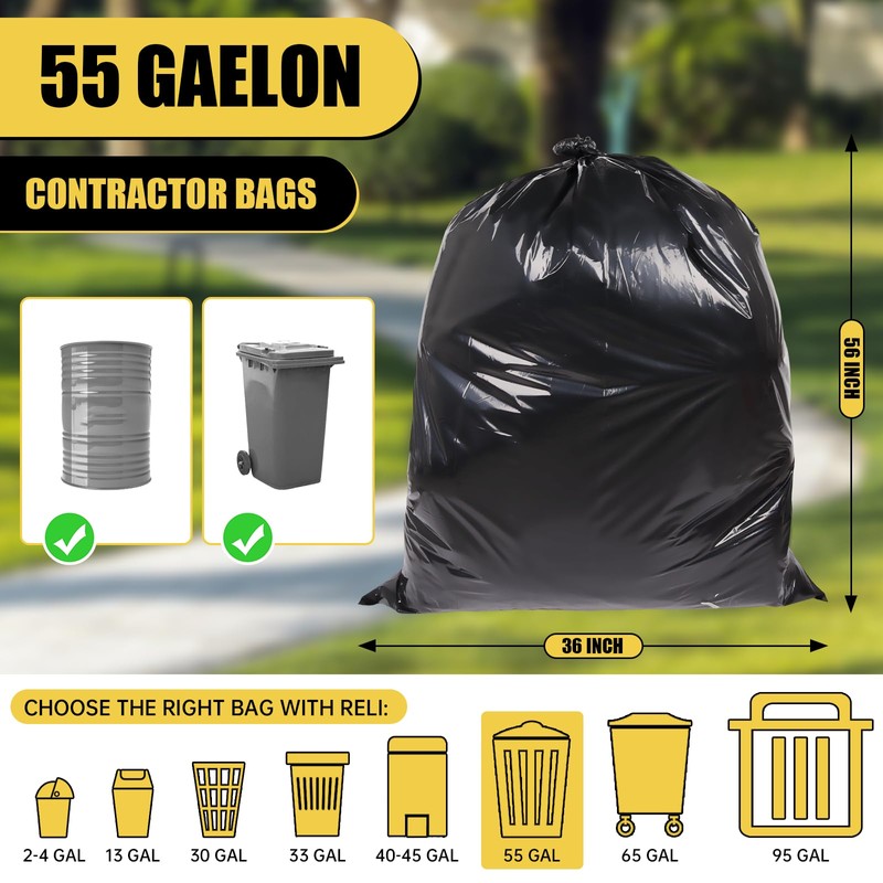 Kryrinl Heavy Duty Extra Large 55 Gallon Black Trash Bags,